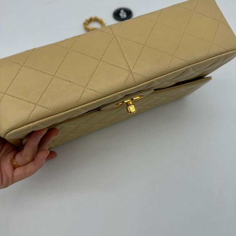Chanel   Beige Lambskin Single Flap Bag with Gold Hardware and Chain Strap - Medium Size