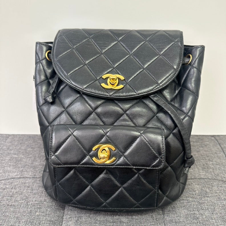 Chanel   Black Lambskin Double Turn-Lock Backpack Medium