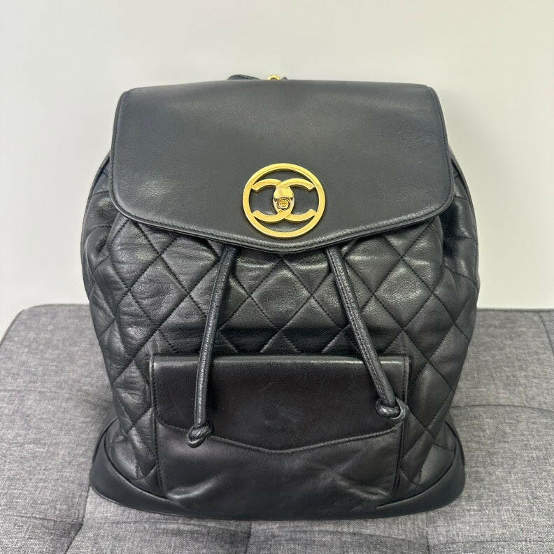 Chanel   Black Lambskin Turn-lock Chain Backpack
