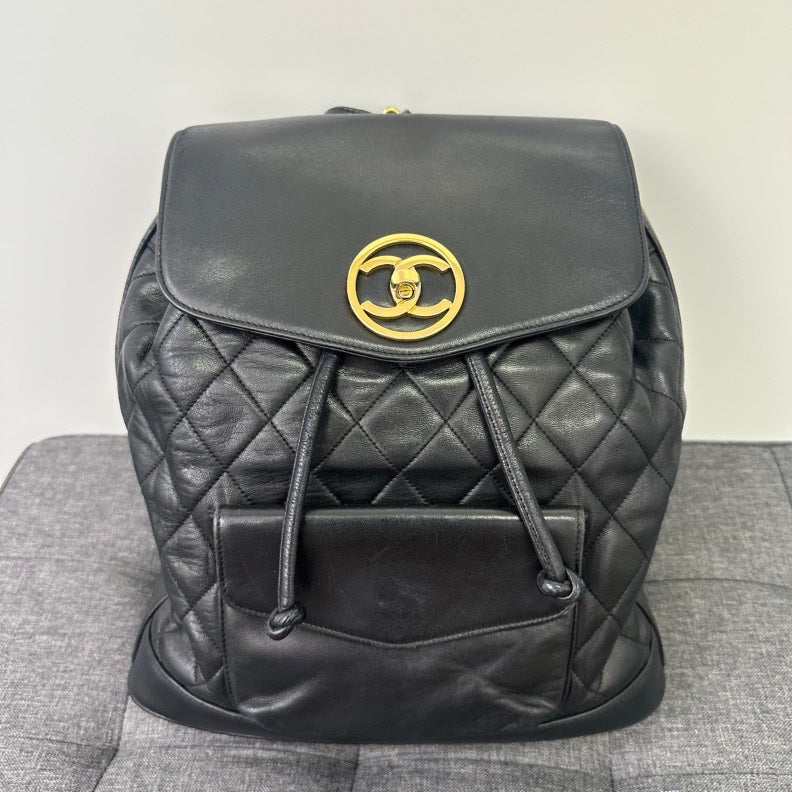 Chanel   Black Lambskin Turn-lock Chain Backpack