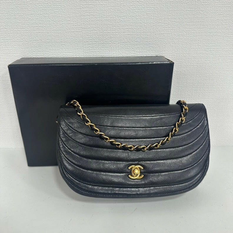 Chanel   Black Lambskin Half Moon Flap Chain Bag - Medium Size