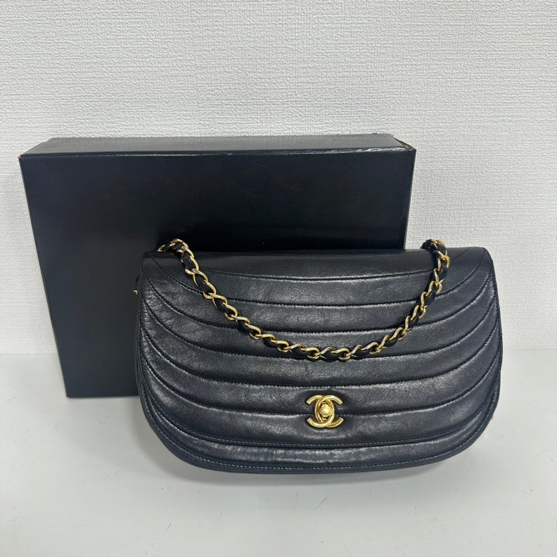 Chanel   Black Lambskin Half Moon Flap Chain Bag - Medium Size