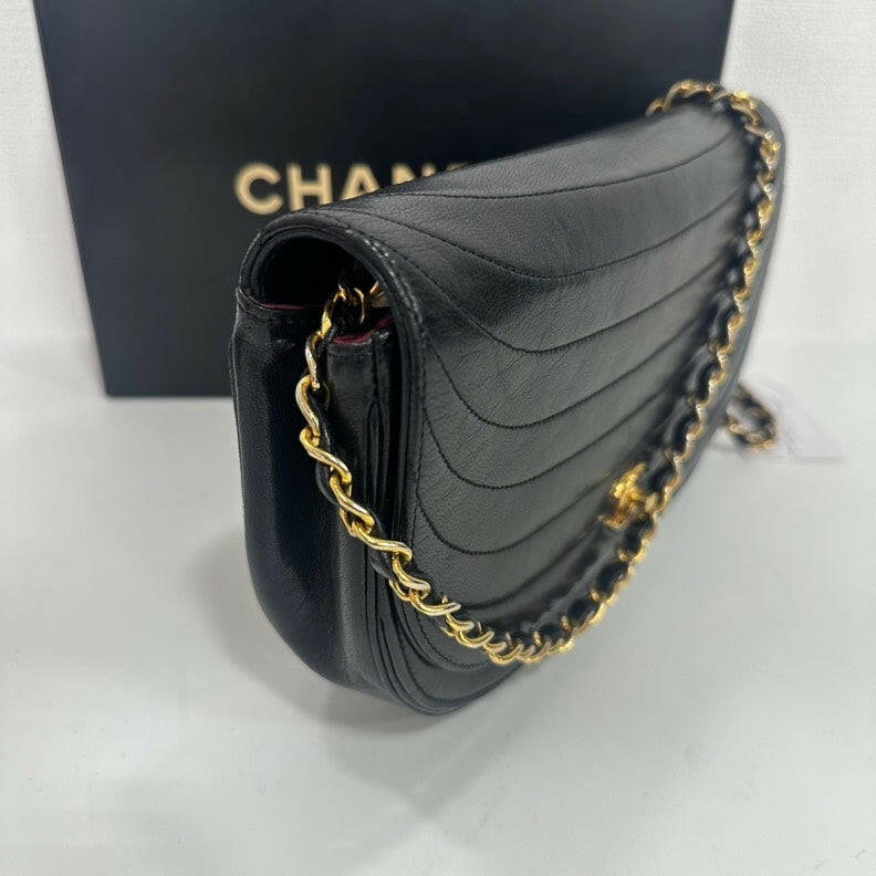 Chanel   Black Lambskin Half Moon Flap Chain Bag - Medium Size