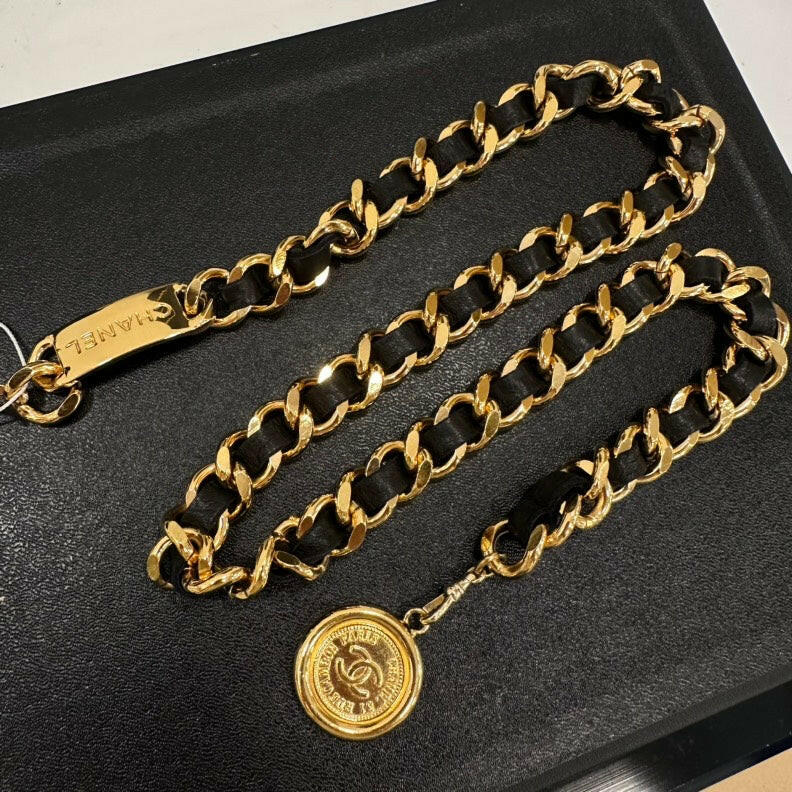 Chanel   Gold and Black Leather Chain Belt cm/”