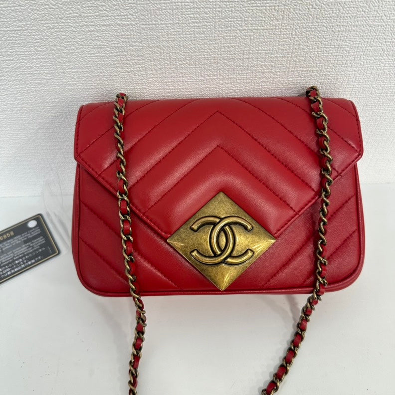 Chanel Red Lambskin Mini Single Flap Bag with Gold Chain and CC Logo