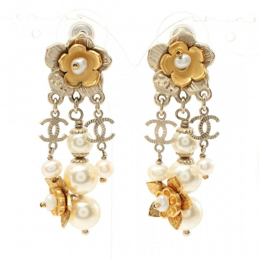 Chanel Gold & Silver Dangling Post Earrings with Pearls and Camellia Flowers