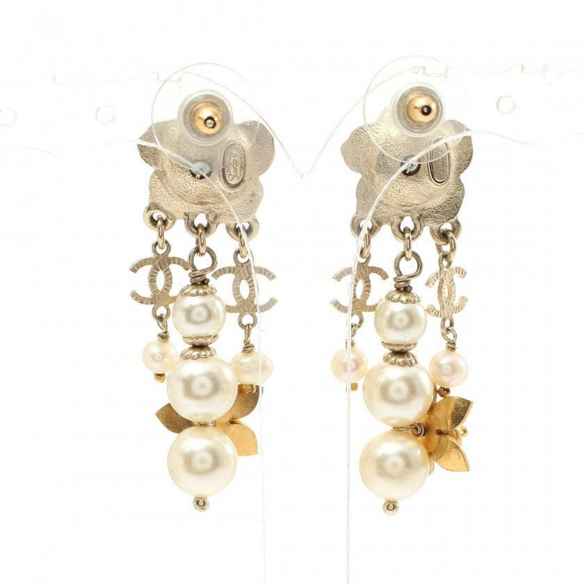 Chanel Gold & Silver Dangling Post Earrings with Pearls and Camellia Flowers