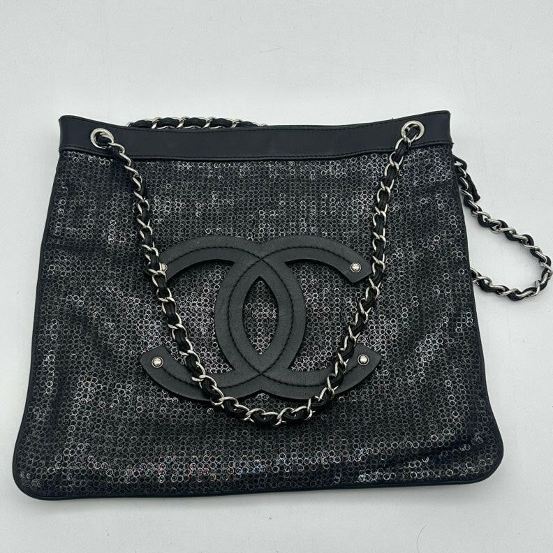 Chanel Black Fabric Chain Tote Bag with Sequins and Large CC Logo