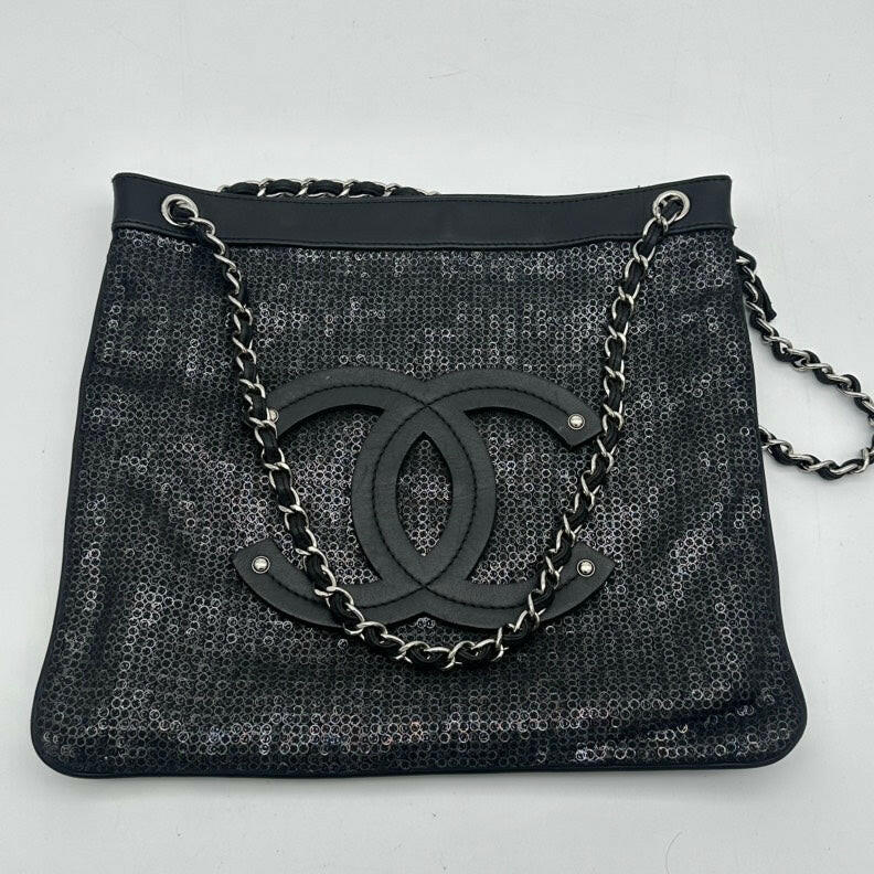 Chanel Black Fabric Chain Tote Bag with Sequins and Large CC Logo