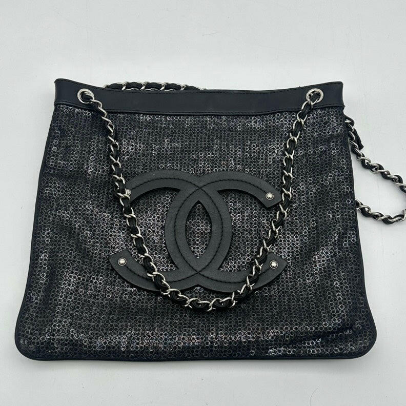 Chanel Black Fabric Chain Tote Bag with Sequins and Large CC Logo