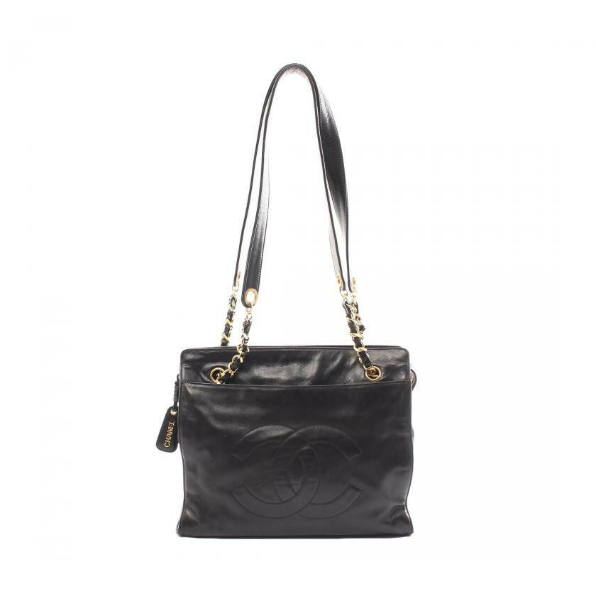 Chanel Coco Mark Chain Shoulder Tote Bag Lambskin Black Gold Hardware
