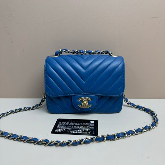 Preloved Chanel Lambskin Mini Flap Bag Blue Leather Crossbody