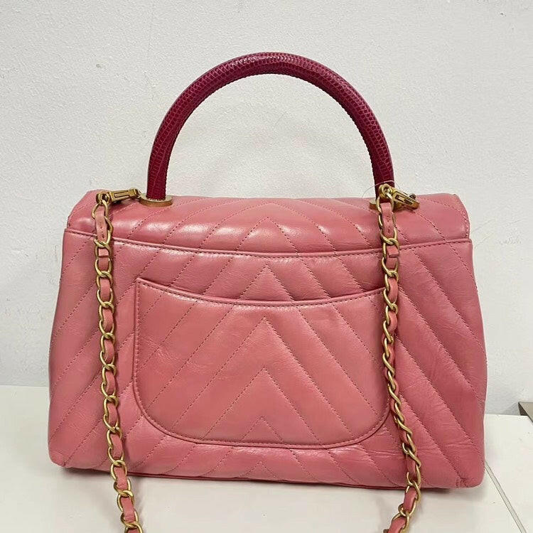 Chanel Coco Handle Bag Pink Quilted Leather with Burgundy Handle and Gold-Tone Hardware