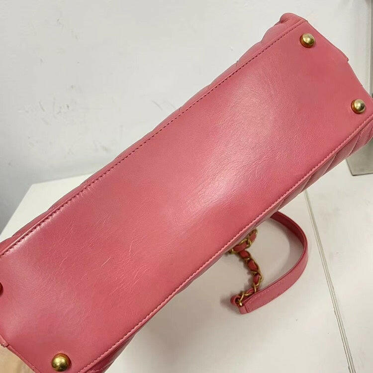 Chanel Coco Handle Bag Pink Quilted Leather with Burgundy Handle and Gold-Tone Hardware