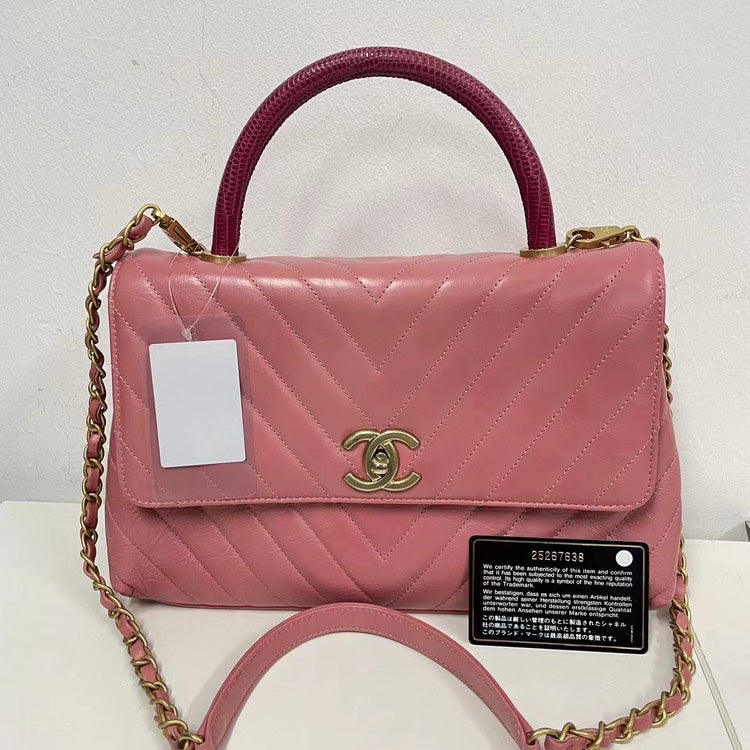 Chanel Coco Handle Bag Pink Quilted Leather with Burgundy Handle and Gold-Tone Hardware