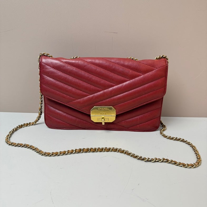Chanel . Calfskin Single Flap Bag Red Medium Size with Gold Chain Strap