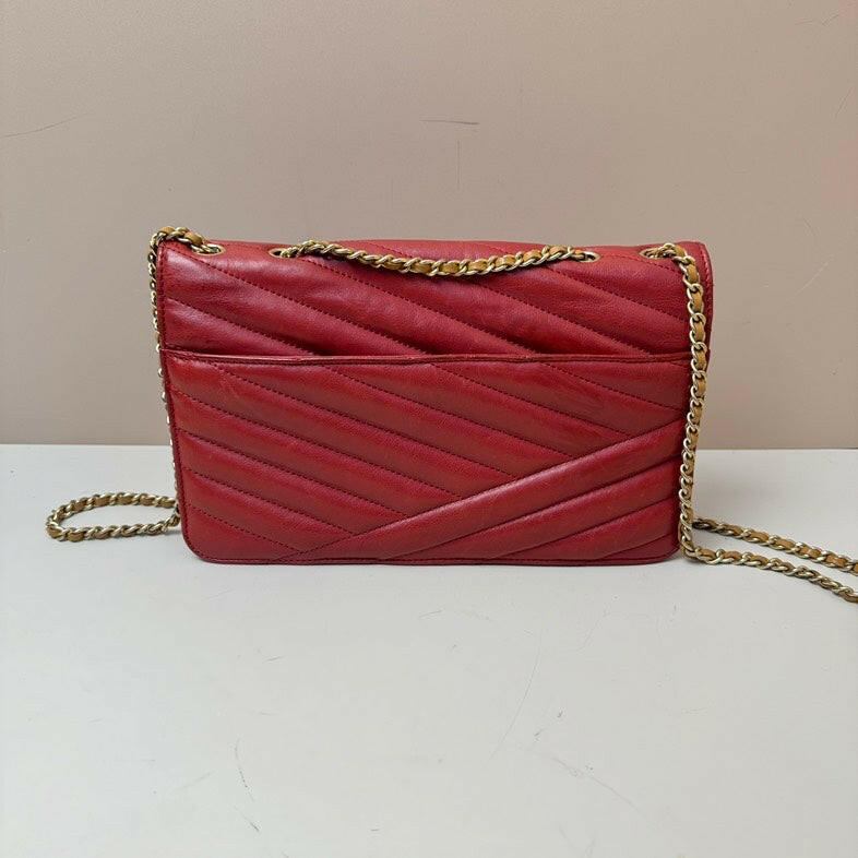 Chanel . Calfskin Single Flap Bag Red Medium Size with Gold Chain Strap