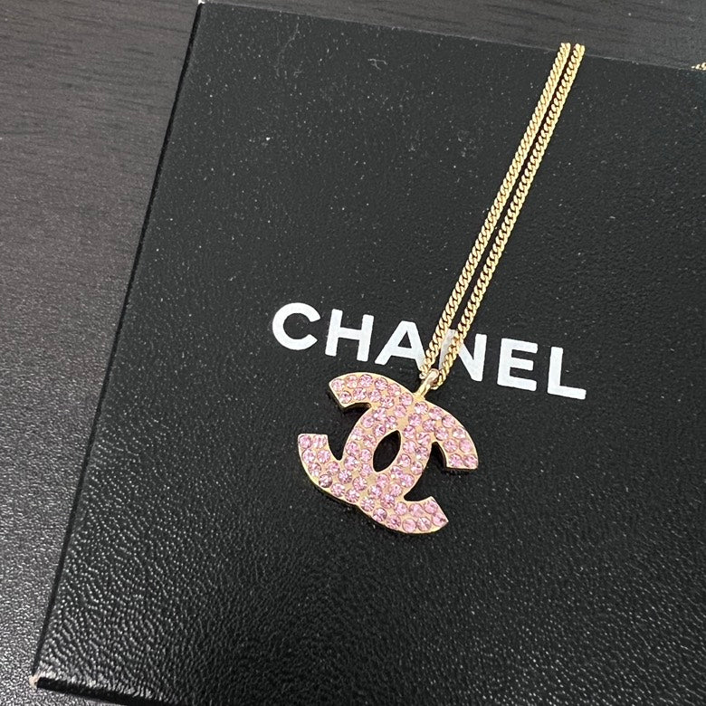 Chanel Gold Chain Necklace with Pink Rhinestone Logo Pendant
