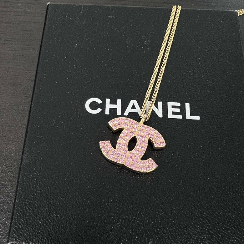 Chanel Gold Chain Necklace with Pink Rhinestone Logo Pendant