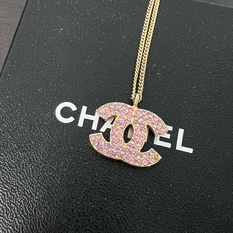 Chanel Gold Chain Necklace with Pink Rhinestone Logo Pendant