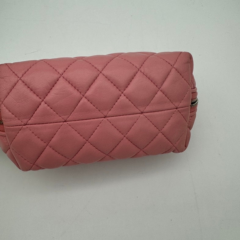 Chanel Pink Leather Quilted Clutch Wristlet Small