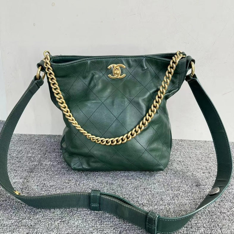 Chanel Two Ways Green Leather Quilted Bag  Medium Size