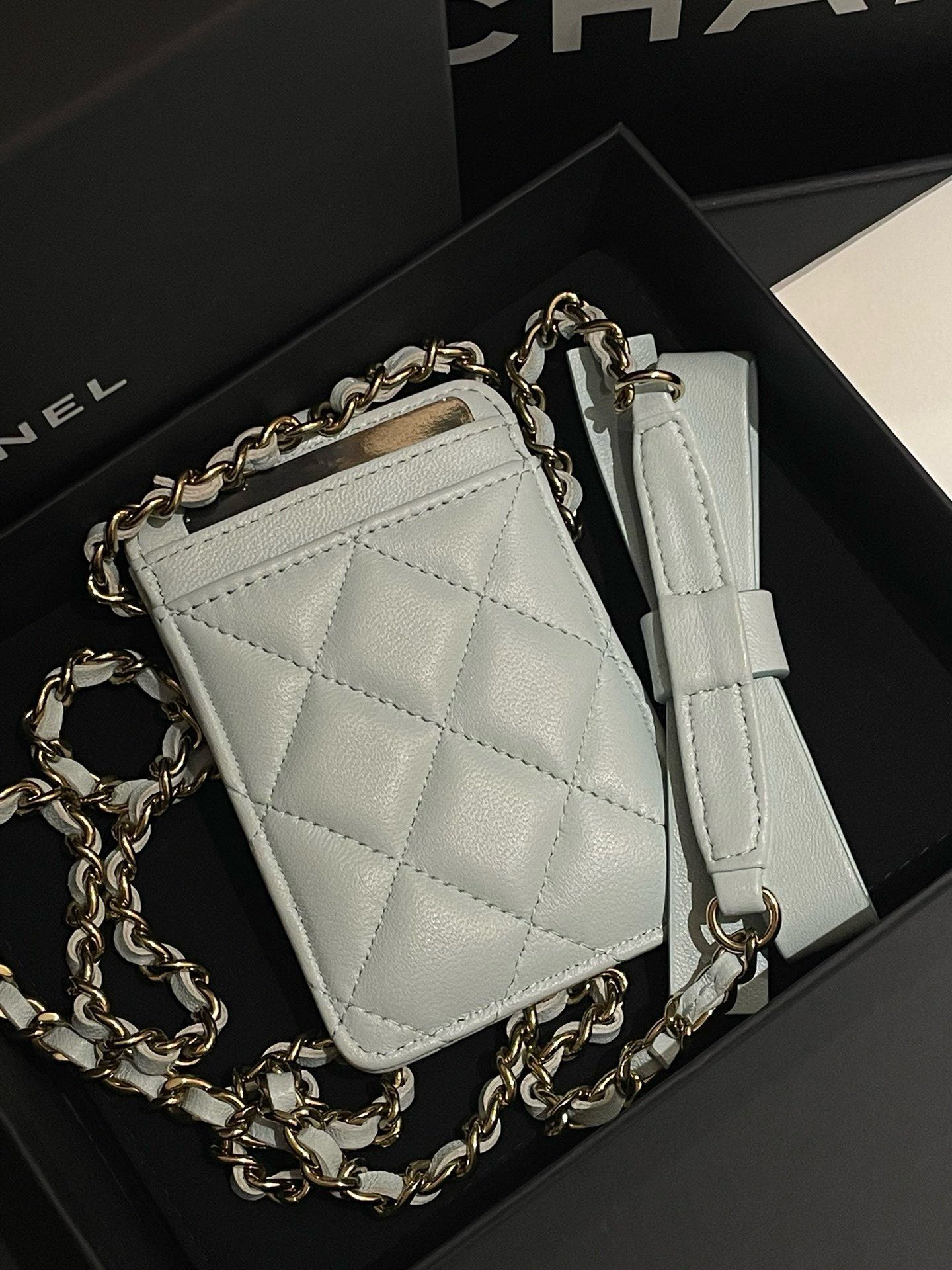 Chanel % New Quilted Card Holder with Chain, White Leather,