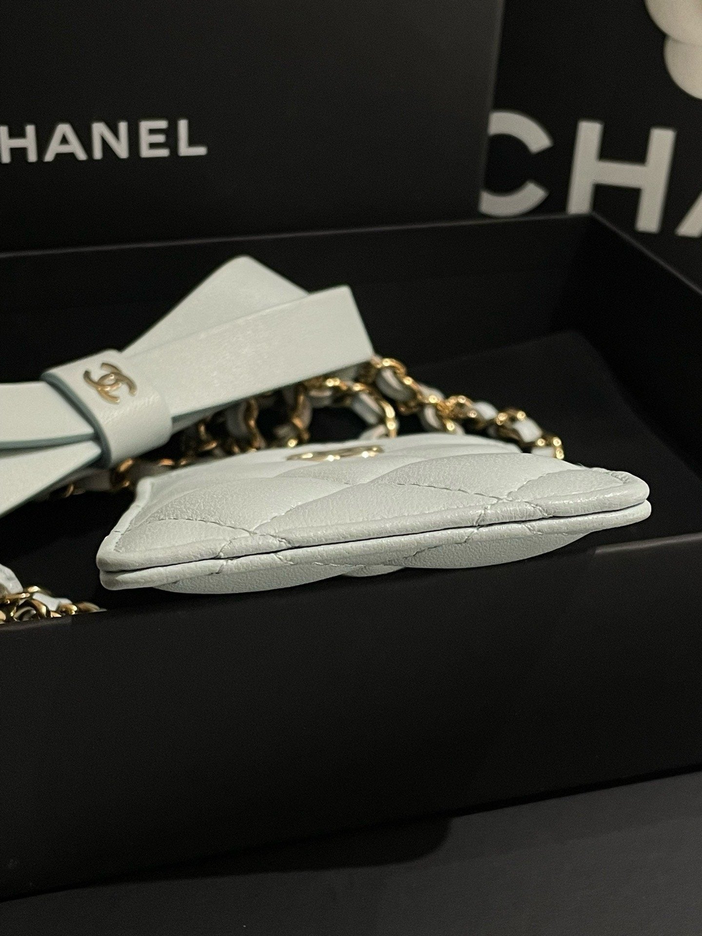 Chanel % New Quilted Card Holder with Chain, White Leather,