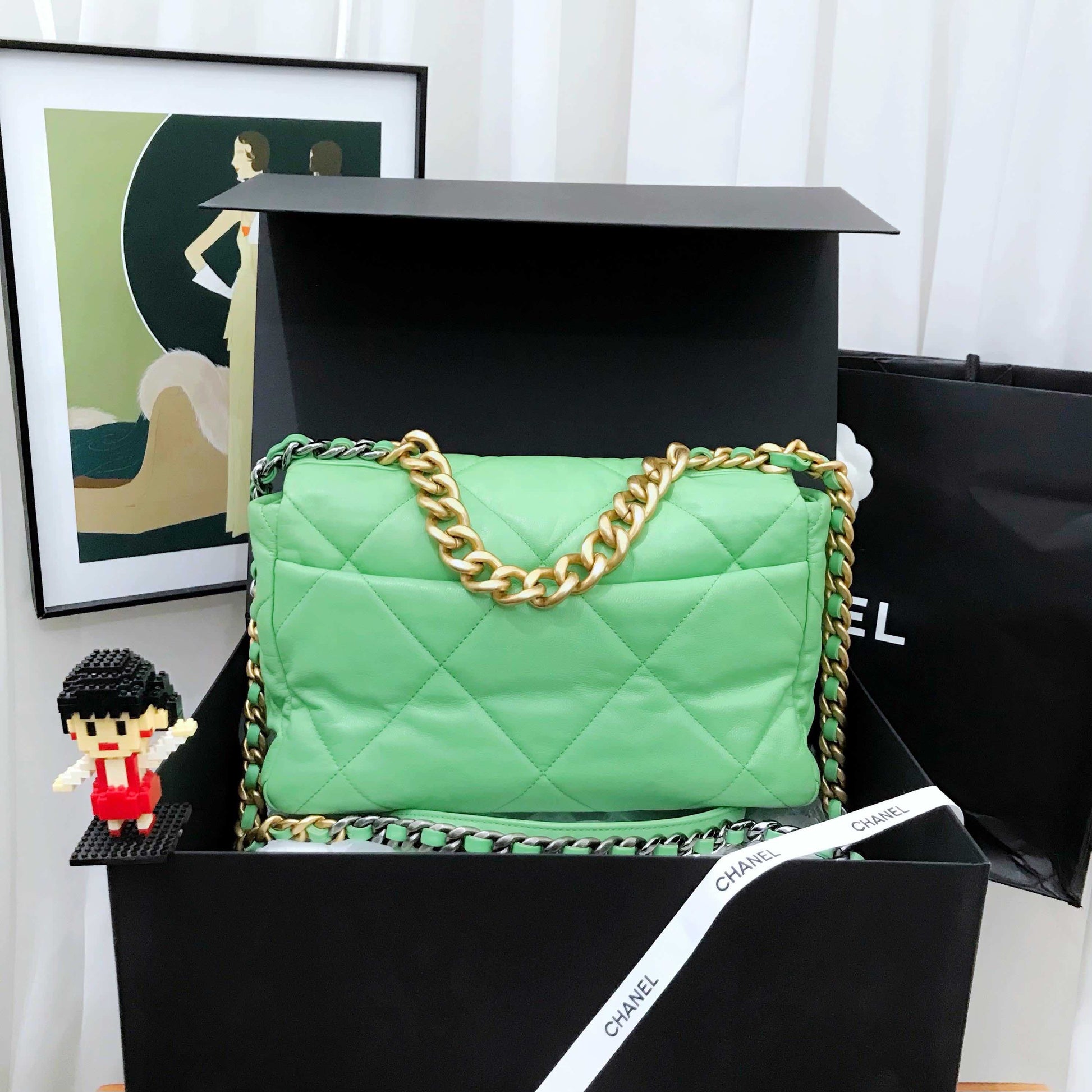 Chanel  Green Quilted Leather Bag Mid Size