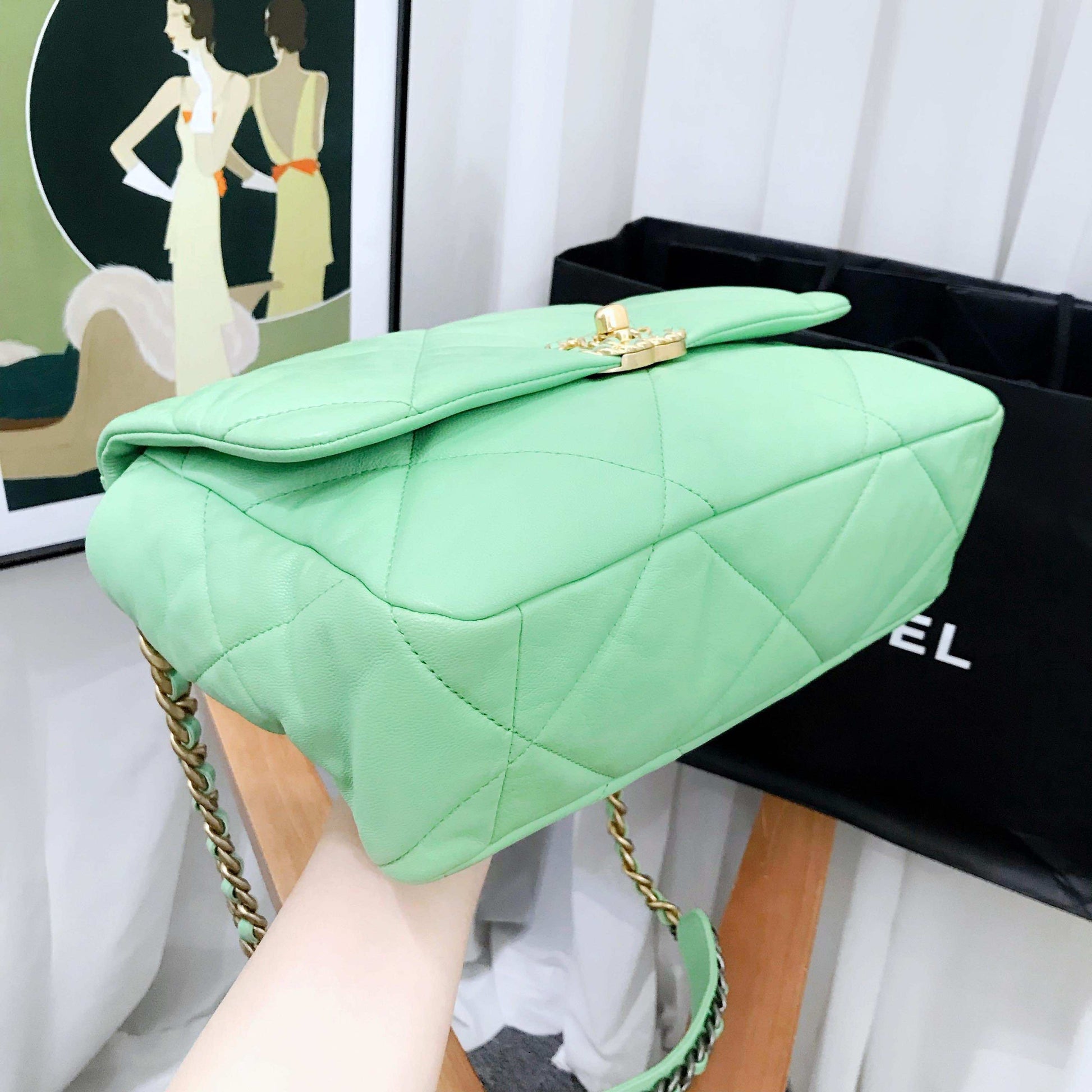 Chanel  Green Quilted Leather Bag Mid Size