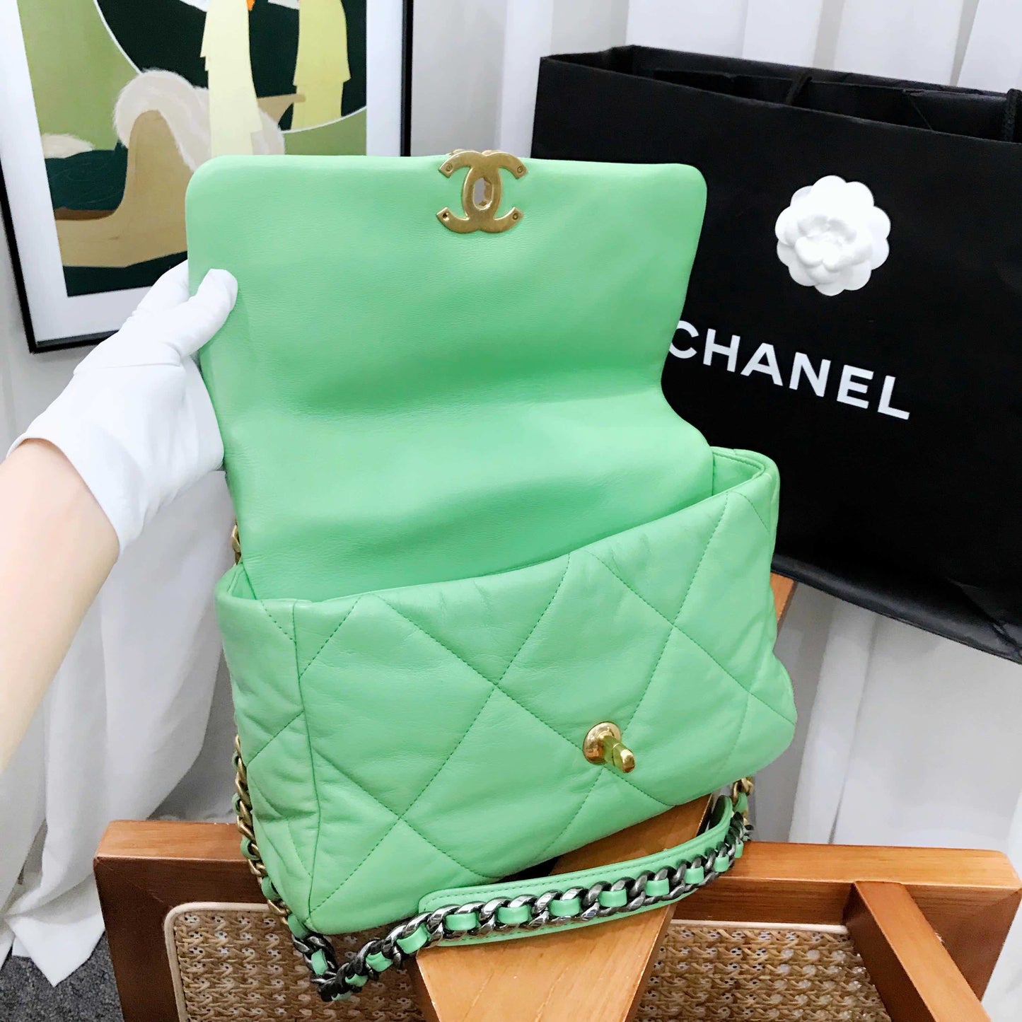 Chanel  Green Quilted Leather Bag Mid Size