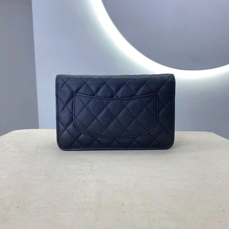 Chanel Black Quilted Leather WOC Wallet On Chain Gold Hardware Bag With Card