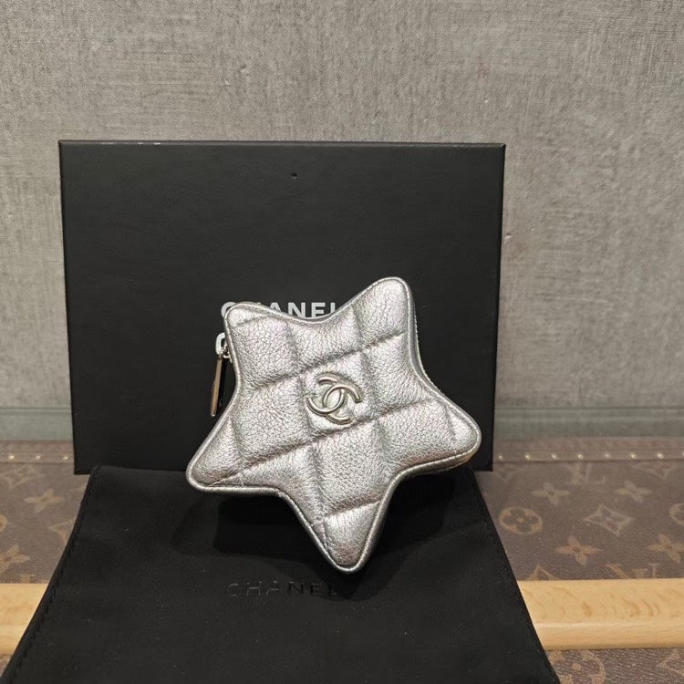 Chanel Star-Shaped Silver Quilted Leather Bag Charm Coin Purse Small