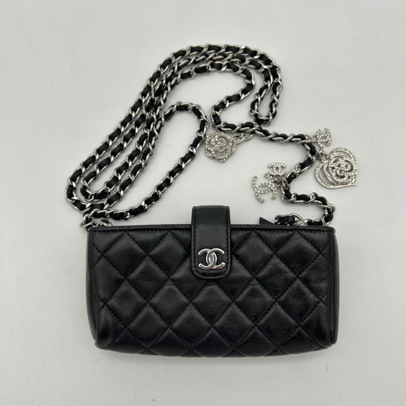 Chanel Black Leather Quilted Chain Bag with Silver Charm Detail