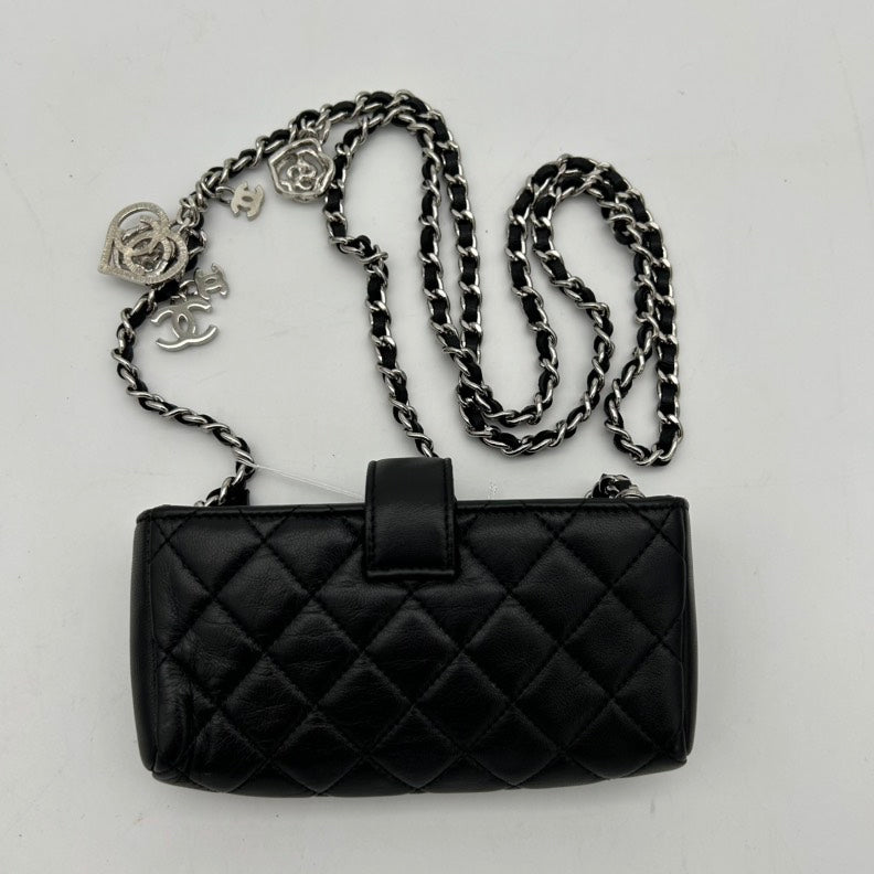 Chanel Black Leather Quilted Chain Bag with Silver Charm Detail