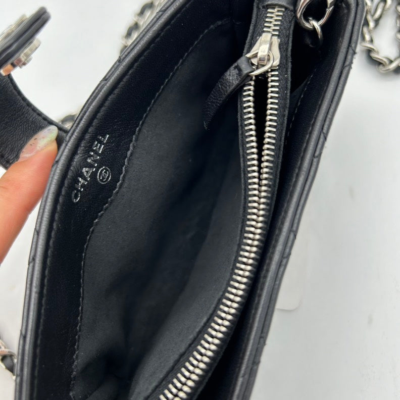 Chanel Black Leather Quilted Chain Bag with Silver Charm Detail