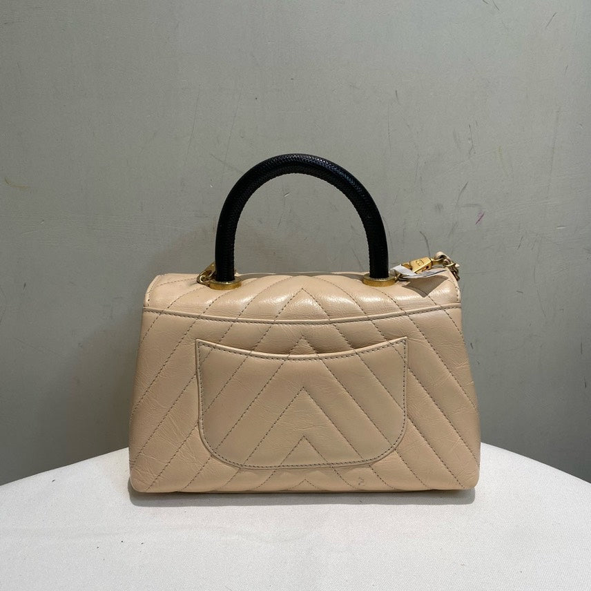 Chanel Coco Handle Beige Chevron Quilted Leather Bag With Lizard Skin Handle