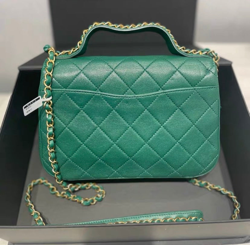 Chanel  Green Quilted Leather Crossbody Bag Medium Size