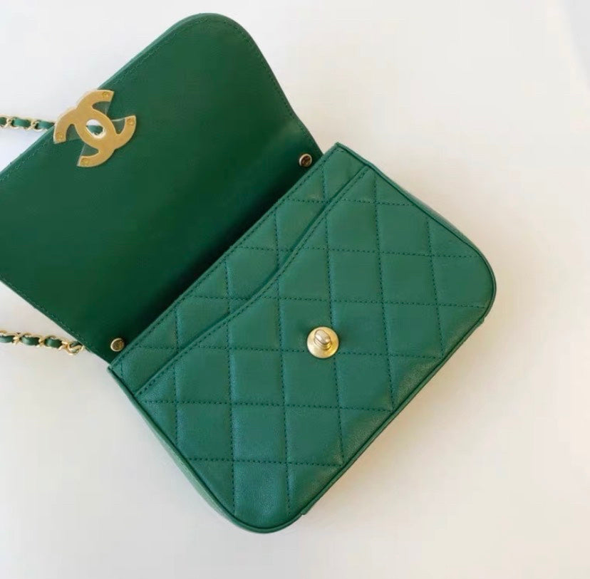 Chanel  Green Quilted Leather Crossbody Bag Medium Size