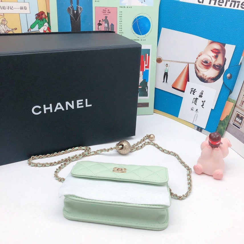 Chanel Mini Flap Bag Quilted Green Leather Gold Chain Small