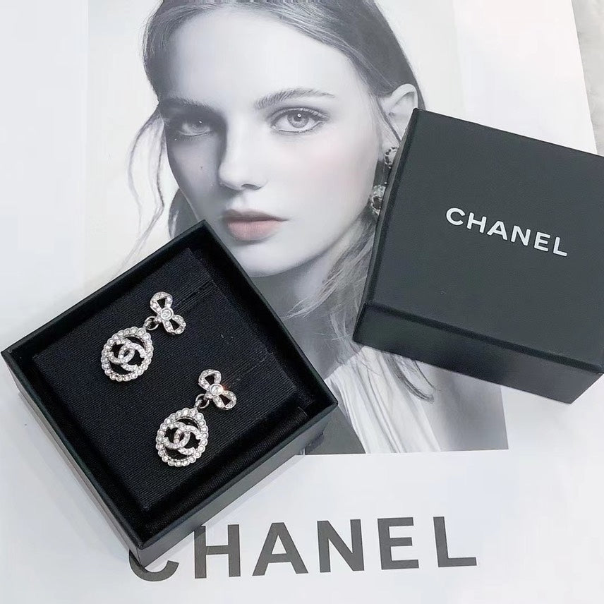 Chanel Silver Crystal Logo Drop Earrings