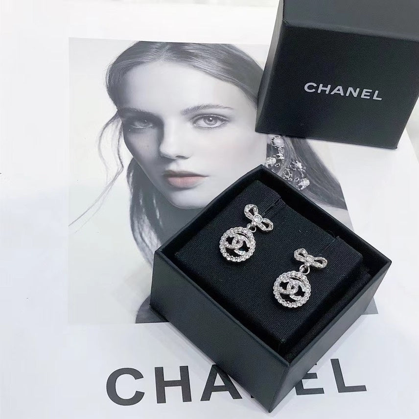 Chanel Silver Crystal Logo Drop Earrings