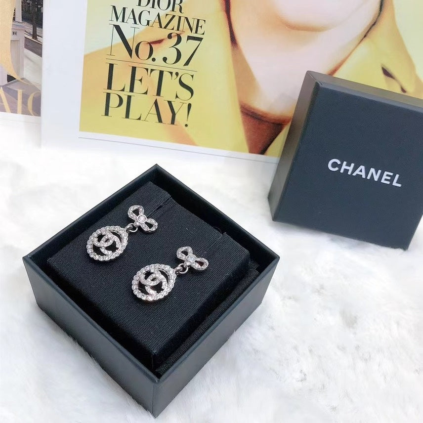 Chanel Silver Crystal Logo Drop Earrings