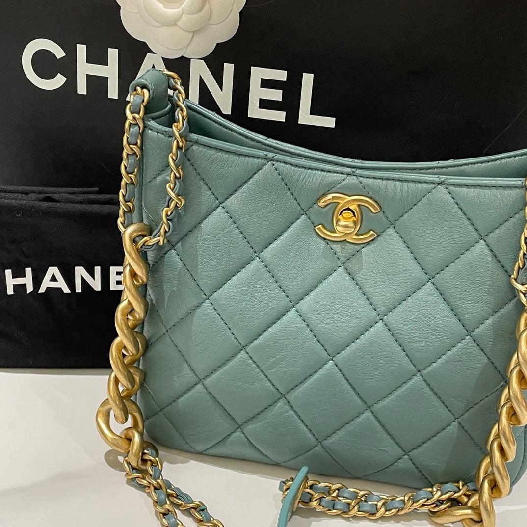Chanel p Hobo Bag Mint Green Quilted Leather Medium Size Gold Chain Strap