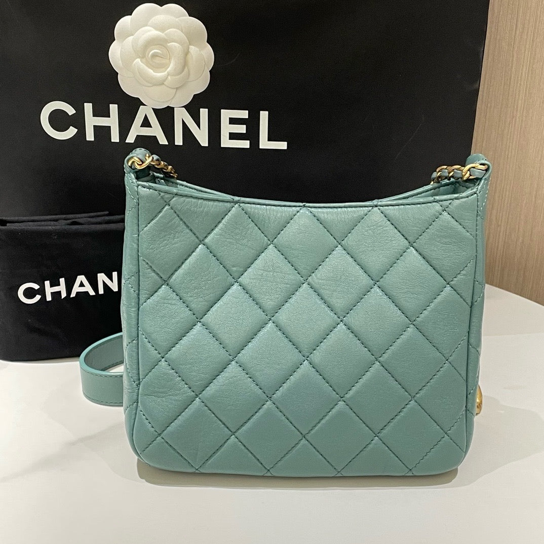 Chanel p Hobo Bag Mint Green Quilted Leather Medium Size Gold Chain Strap