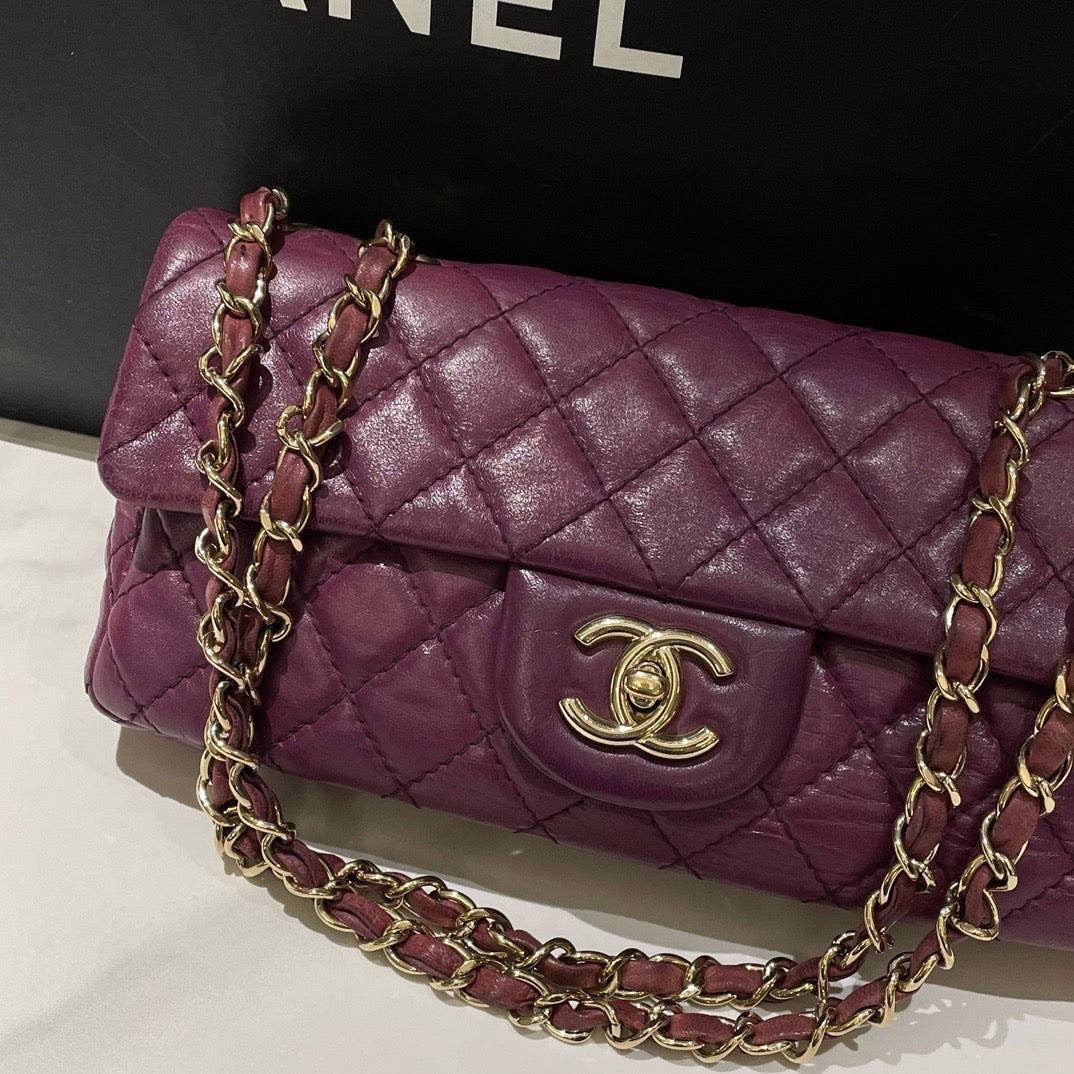 Chanel   Baguette Flap Bag Purple Leather Quilted Chain Strap  Inch
