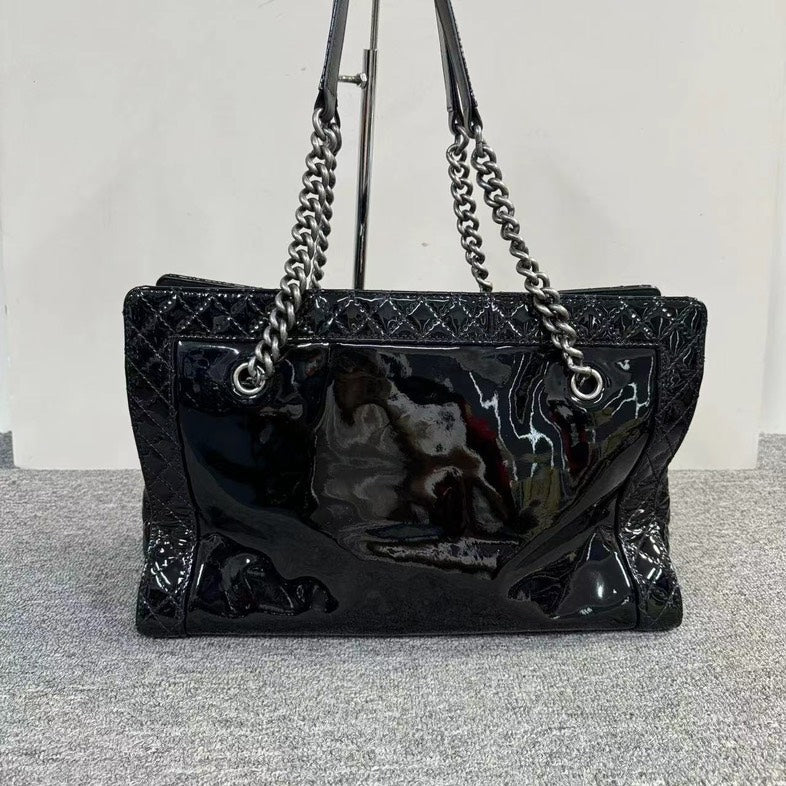 Chanel Black Quilted Leather Chain Tote Bag Medium Size