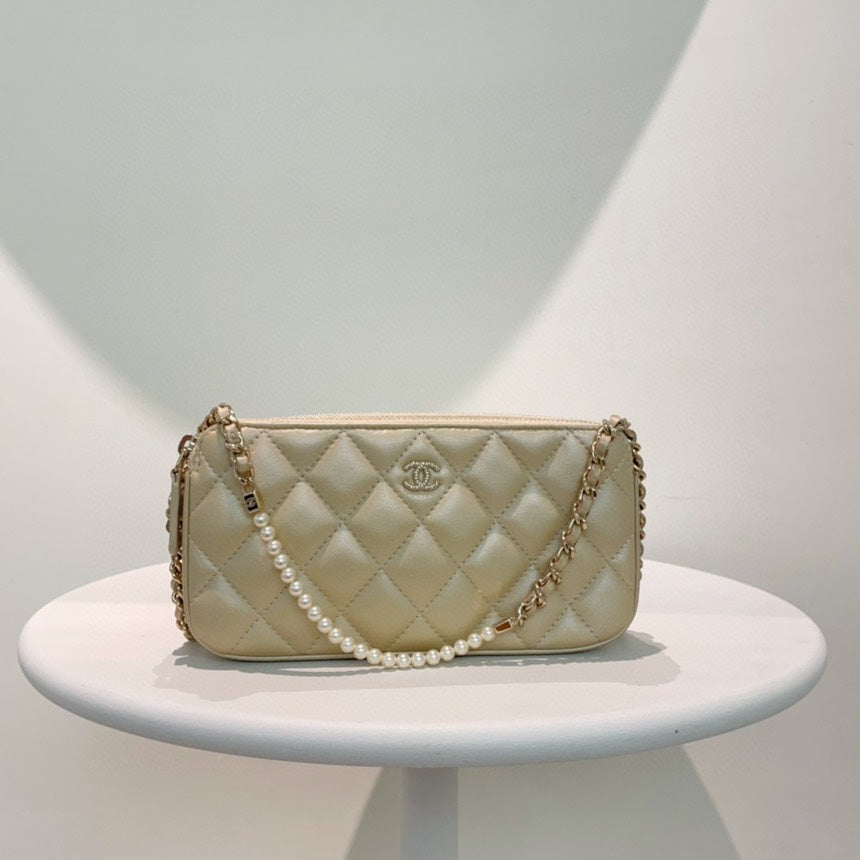 Chanel WOC Beige Leather Quilted Chain Wallet on Chain Classic Medium