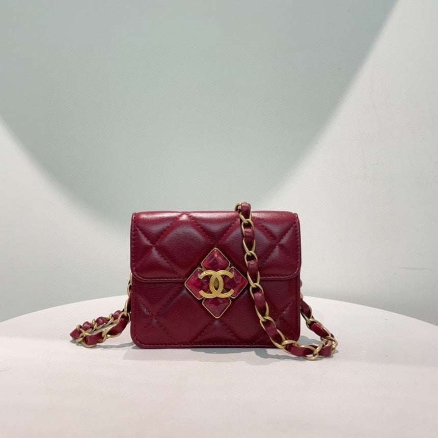 Chanel Burgundy Leather Quilted Wallet On Chain Crossbody Bag