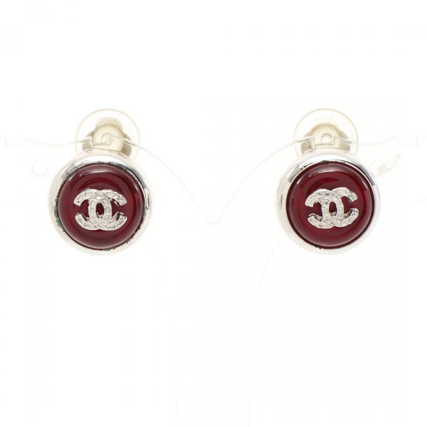 Chanel Silver Red Coco Mark Earrings